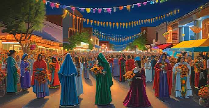 A lively street scene from the Tucson All Souls Procession with colorful altars and participants in traditional costumes under a twilight sky.
