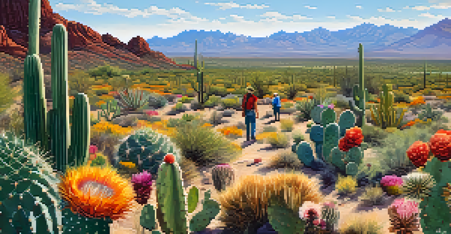 A scenic view of Sonoran Desert with cacti and wildflowers, and volunteers monitoring wildlife in the foreground.