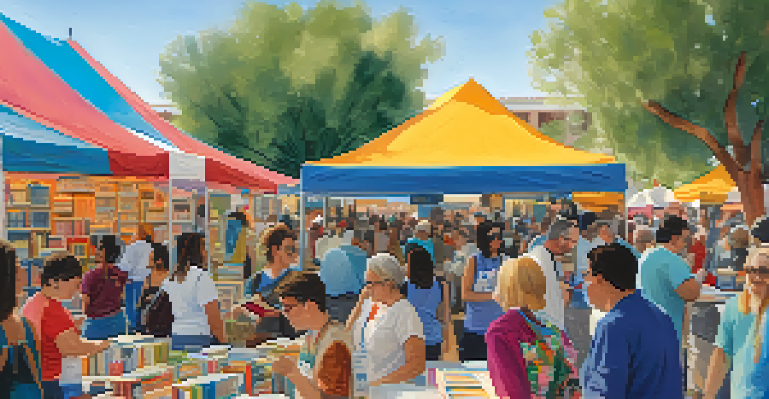People enjoying the Tucson Festival of Books, with colorful stalls and cultural decorations.