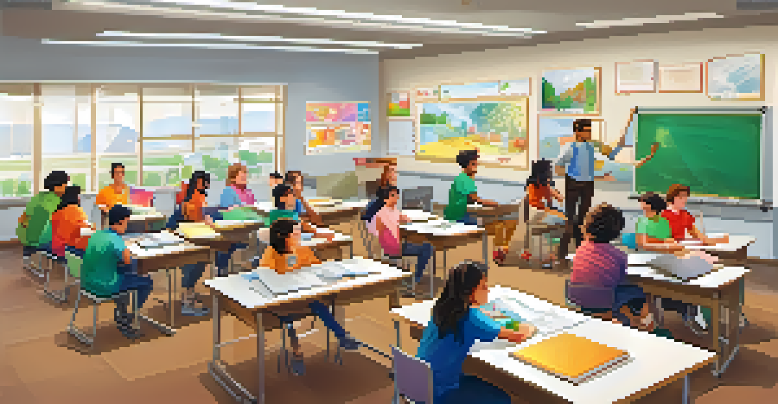 Students in a bright classroom setting watching videos on tablets and engaging in discussions with a teacher facilitating.