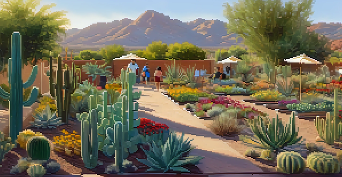 A colorful community garden in Tucson with residents gardening under golden sunlight, surrounded by cacti and desert plants.
