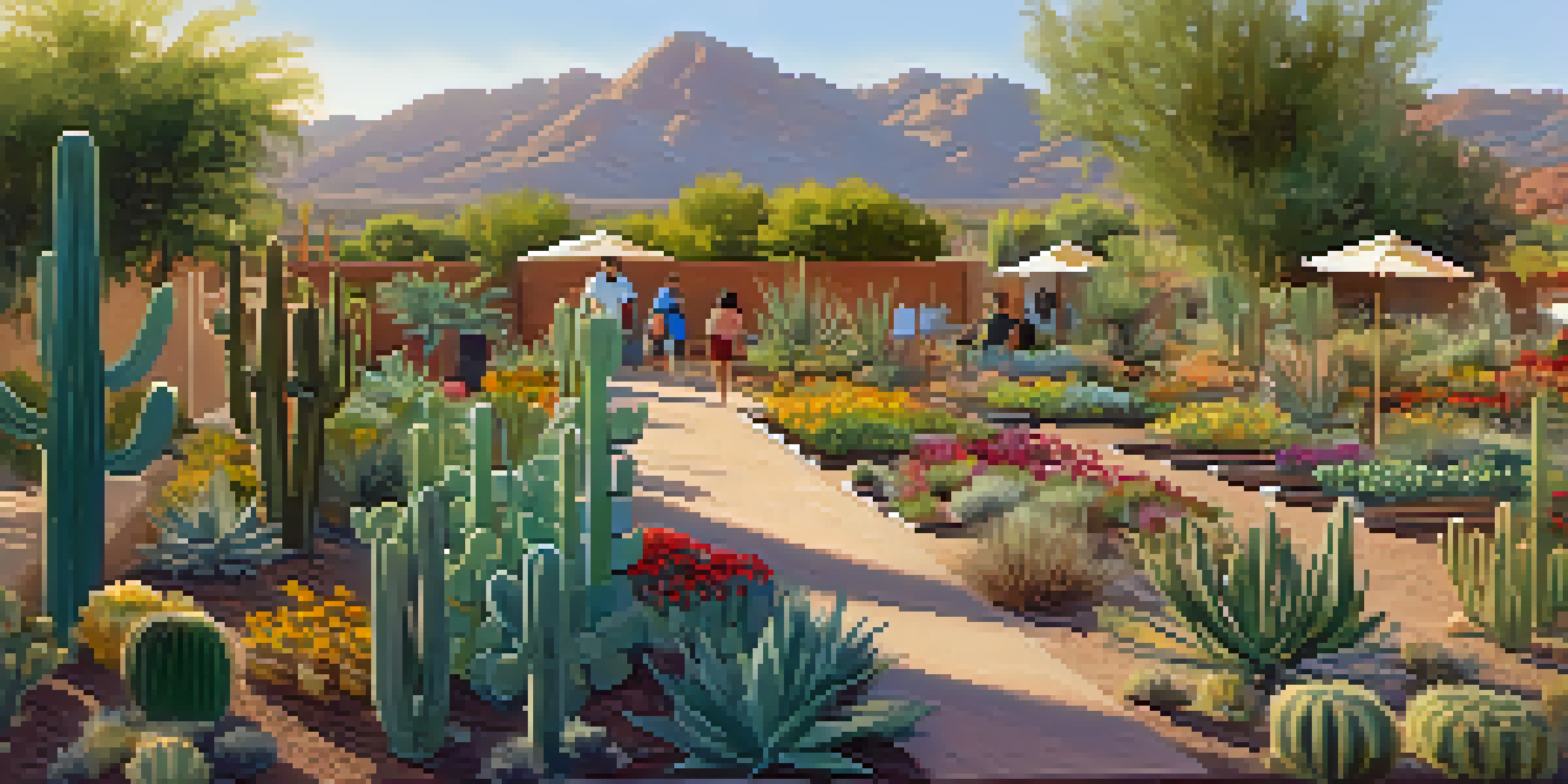 A colorful community garden in Tucson with residents gardening under golden sunlight, surrounded by cacti and desert plants.