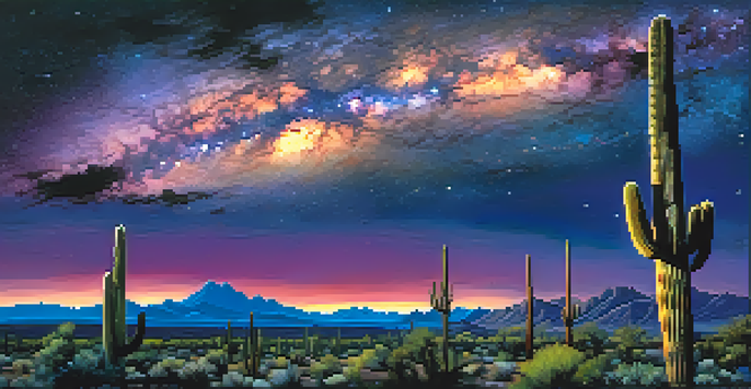 A night scene in Tucson with the Milky Way and silhouetted saguaro cacti.