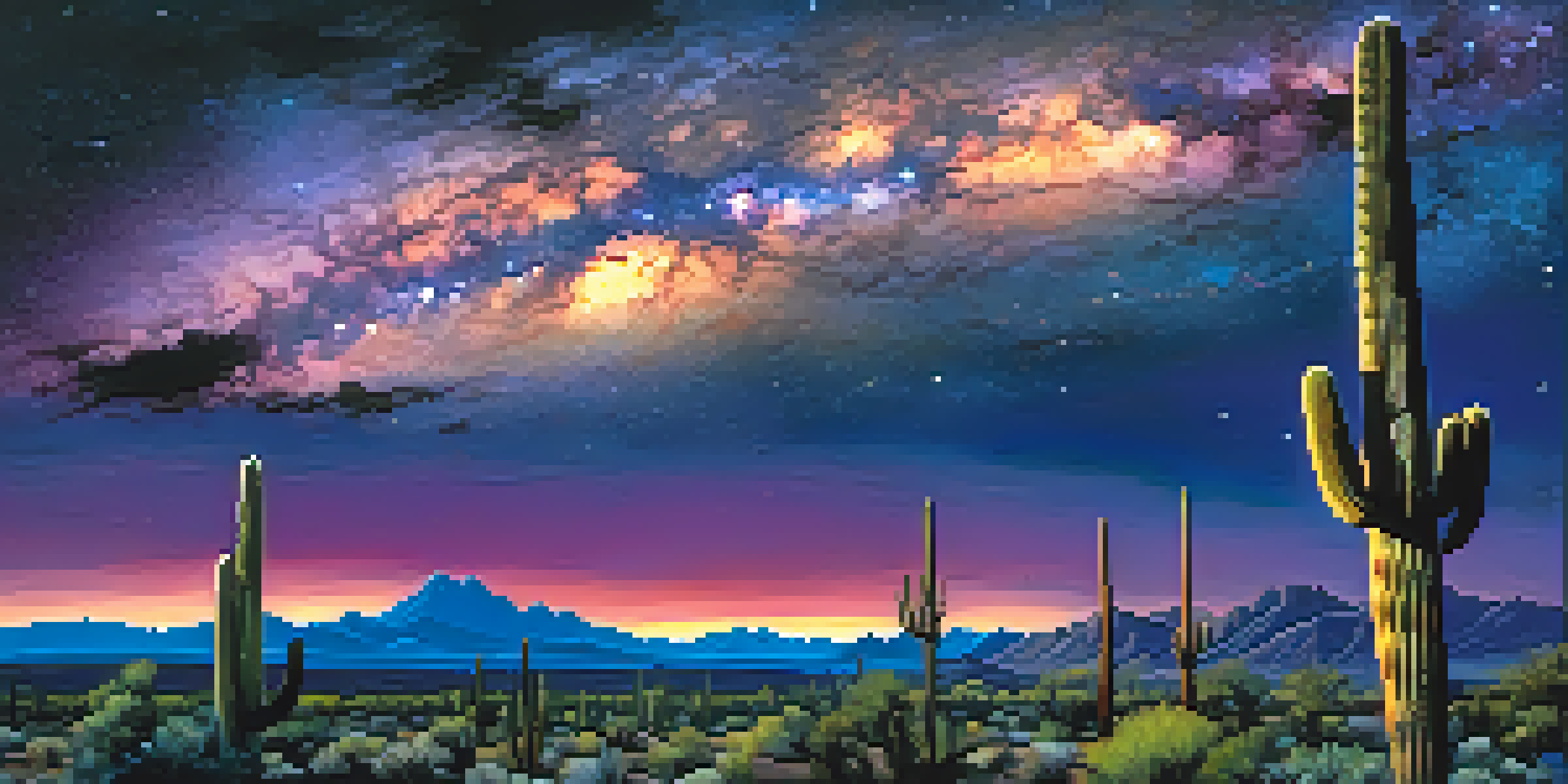 A night scene in Tucson with the Milky Way and silhouetted saguaro cacti.