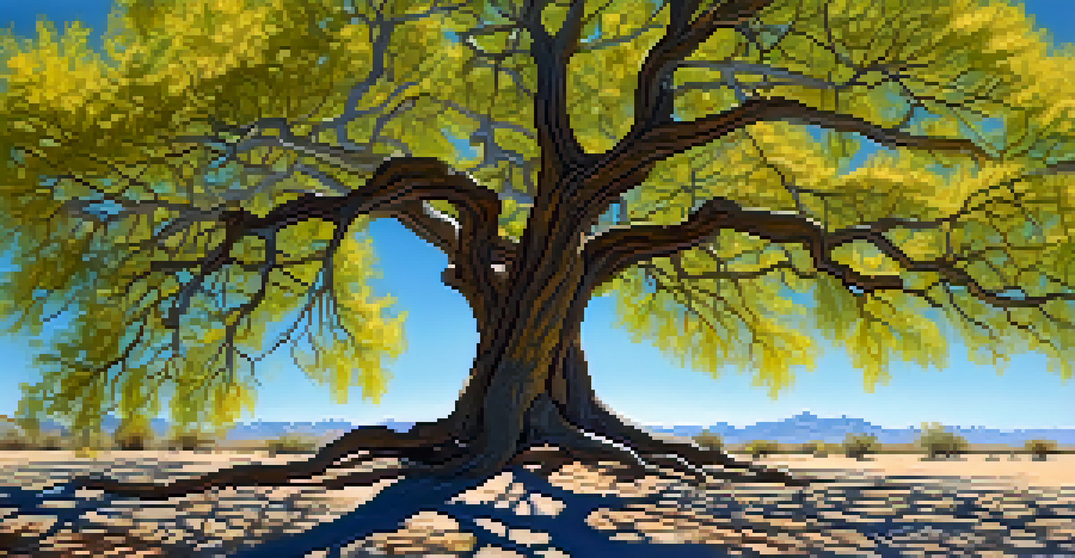 A Palo Verde tree with bright yellow flowers and green bark under a blue sky, showcasing its details and textures.