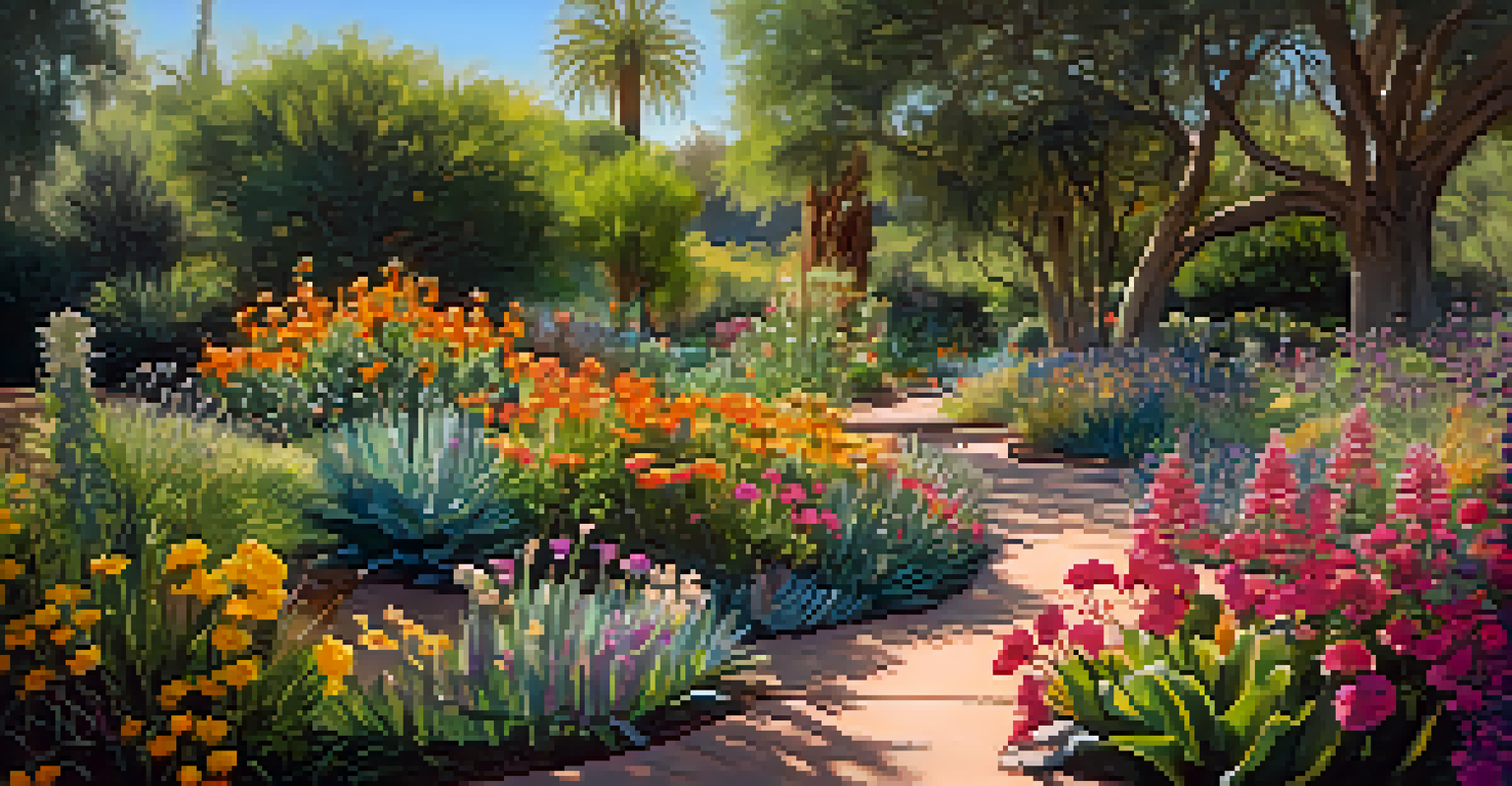 A vibrant pollinator garden at Tucson's botanical gardens, filled with blooming flowers, butterflies, and bees, under soft sunlight.