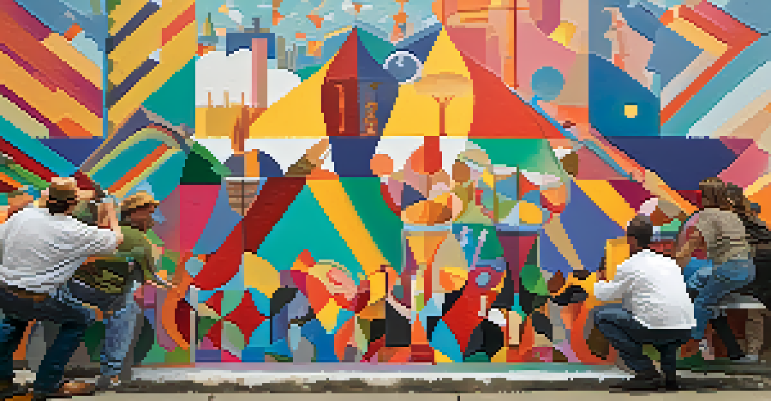 Artists painting a large mural with vibrant colors and abstract shapes, surrounded by community members watching and engaging.