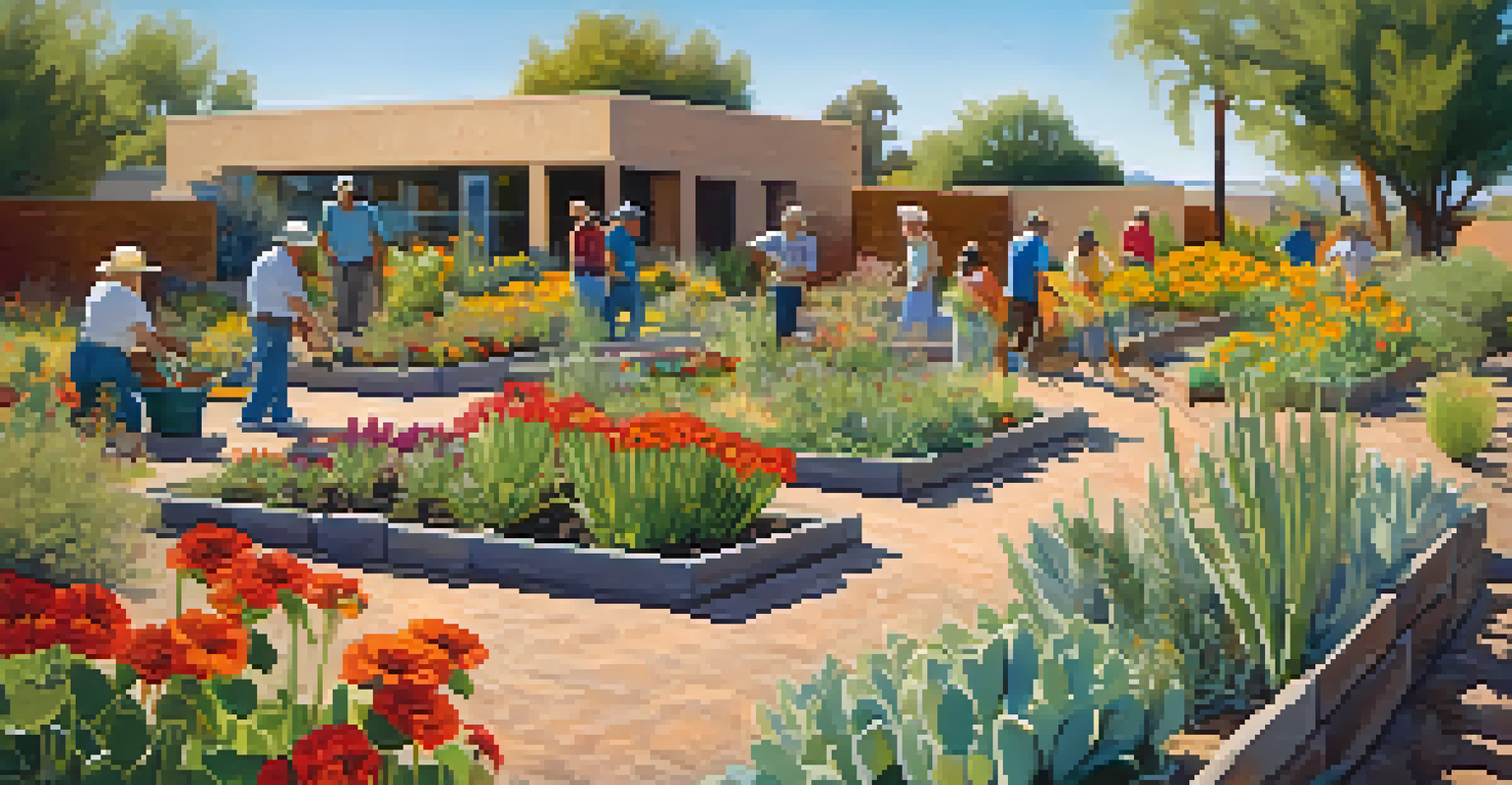 A community garden in Tucson with residents gardening and drought-resistant plants.