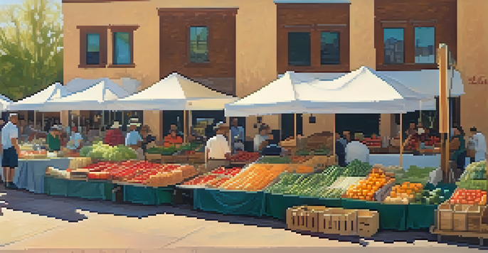 A busy farmers' market in Tucson with colorful produce and shoppers, under warm sunlight.