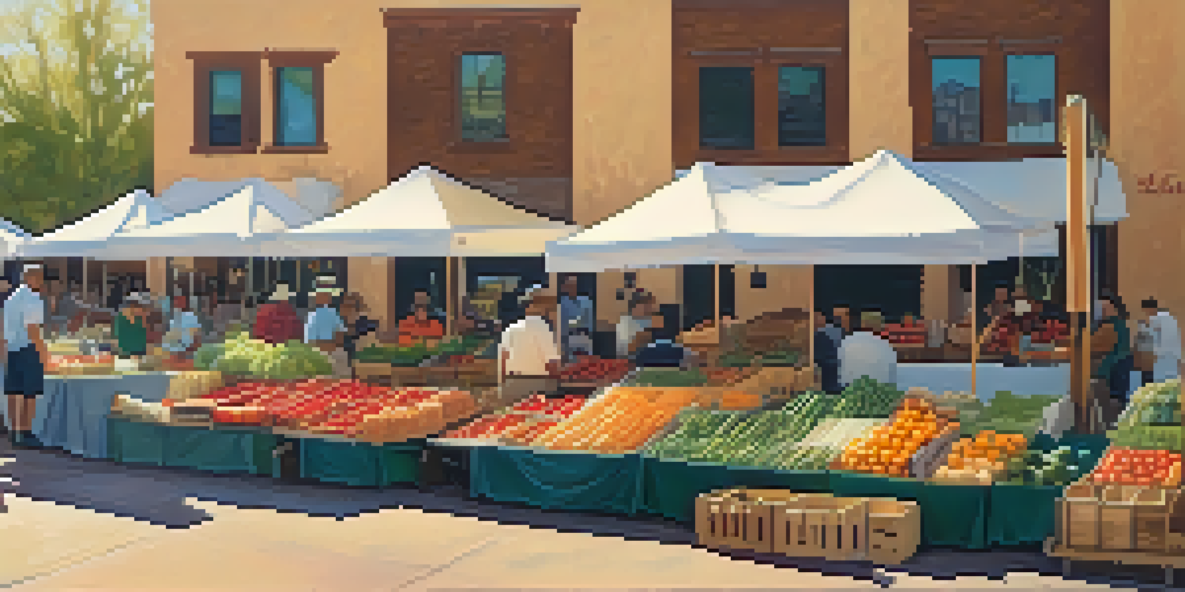 A busy farmers' market in Tucson with colorful produce and shoppers, under warm sunlight.