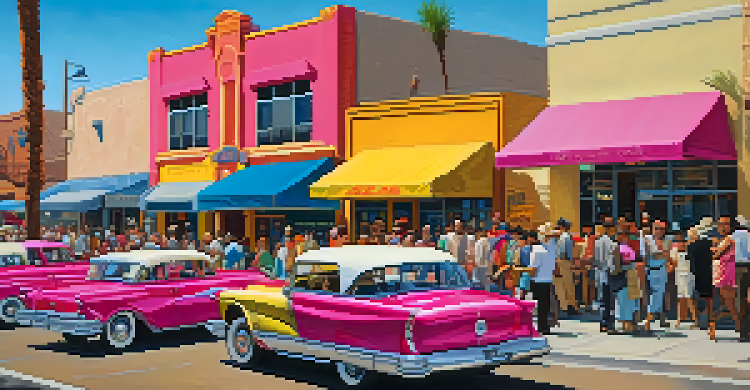 A community event in Tucson with people exploring colorful buildings and vibrant murals inspired by Art Deco colors.