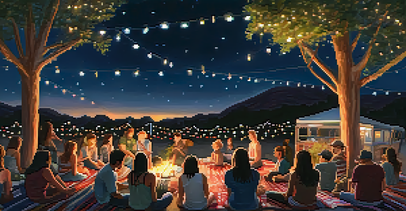 An outdoor open mic night with a singer-songwriter performing under fairy lights, creating a relaxed and intimate atmosphere.