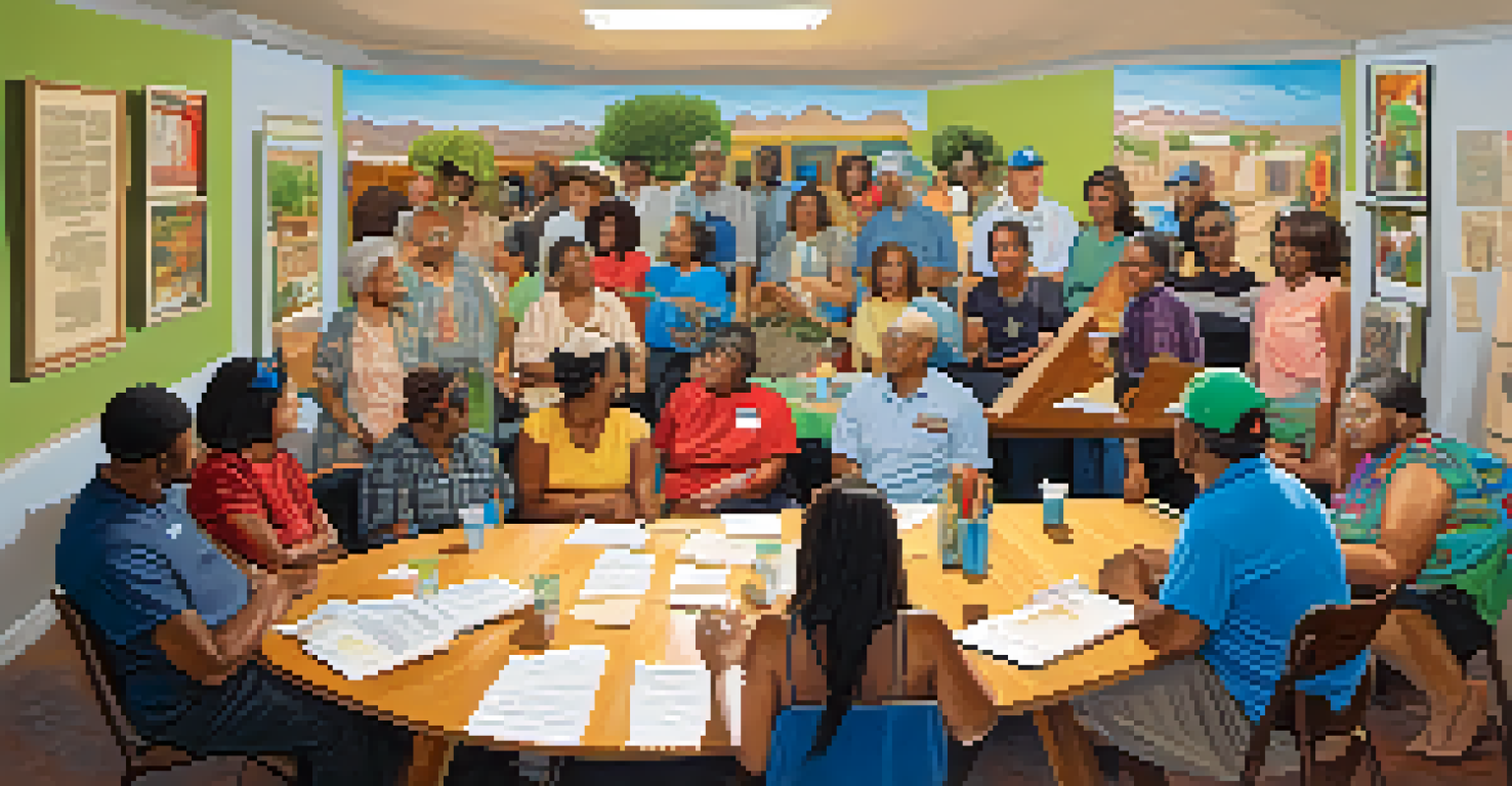 A community meeting in Tucson with diverse residents discussing local issues around a table filled with resources and artwork.