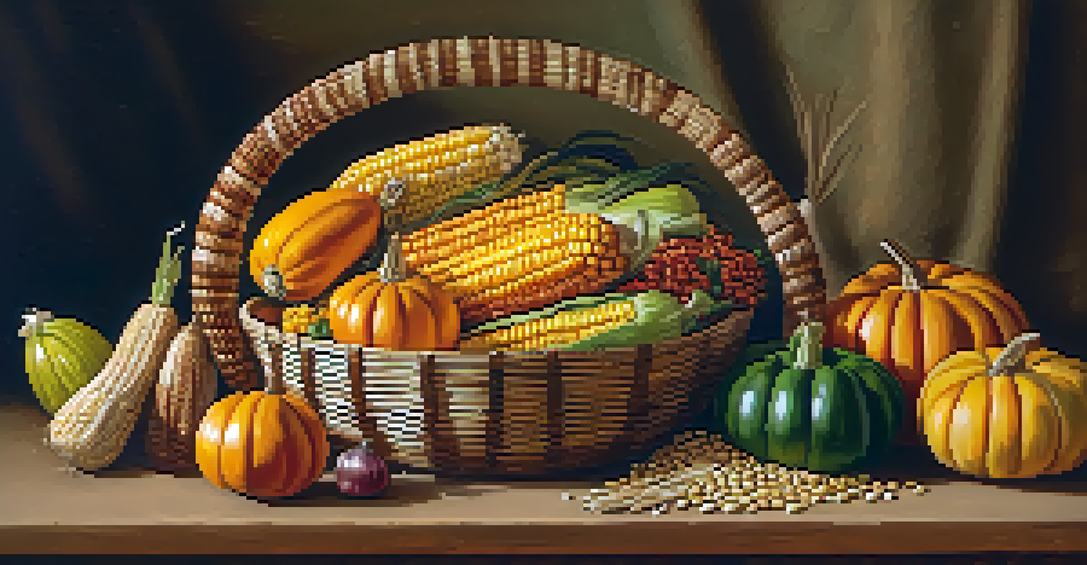 A display of traditional Native American ingredients including corn, beans, and squash arranged in a woven basket, highlighting their vibrant colors.
