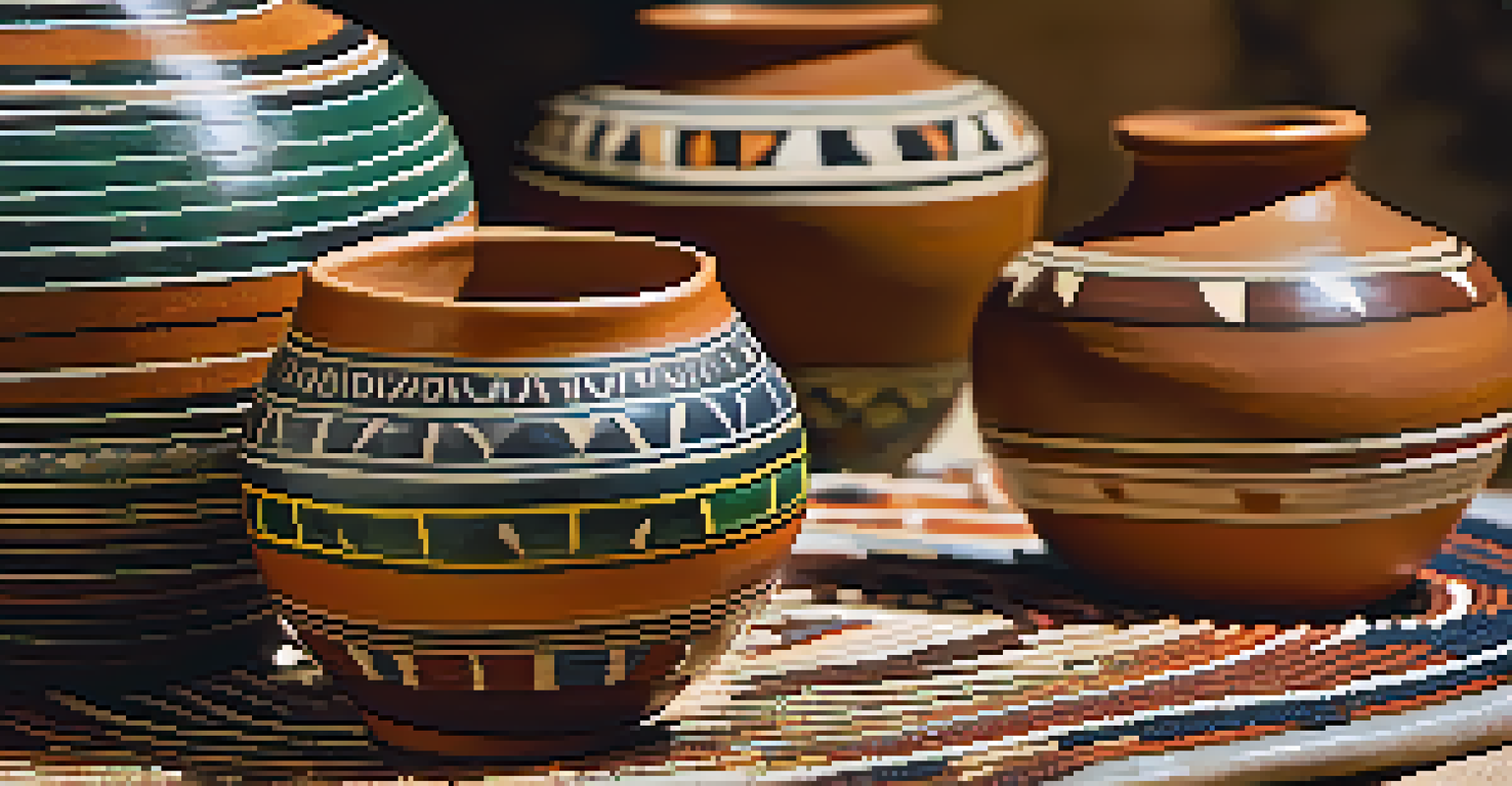 Close-up of traditional Tohono O'odham pottery with intricate designs.
