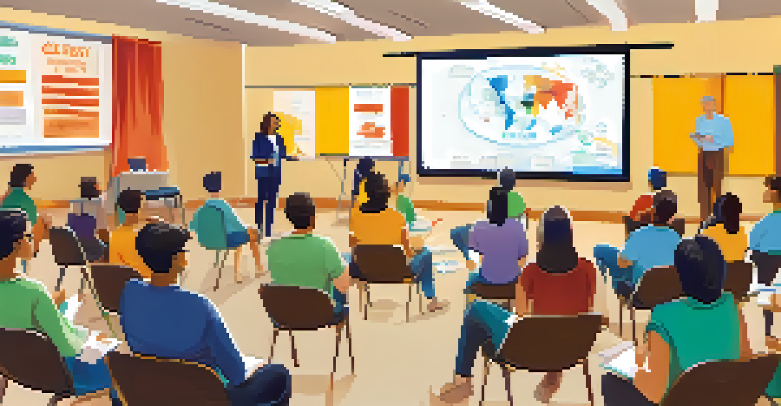 A community seminar with a facilitator presenting to attendees seated in a semi-circle, promoting e-learning.