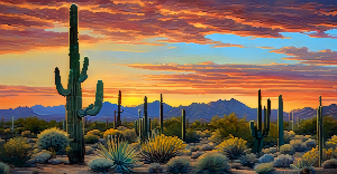 A tall saguaro cactus in the desert with a colorful sunset in the background, showcasing the beauty of Tucson's landscape.