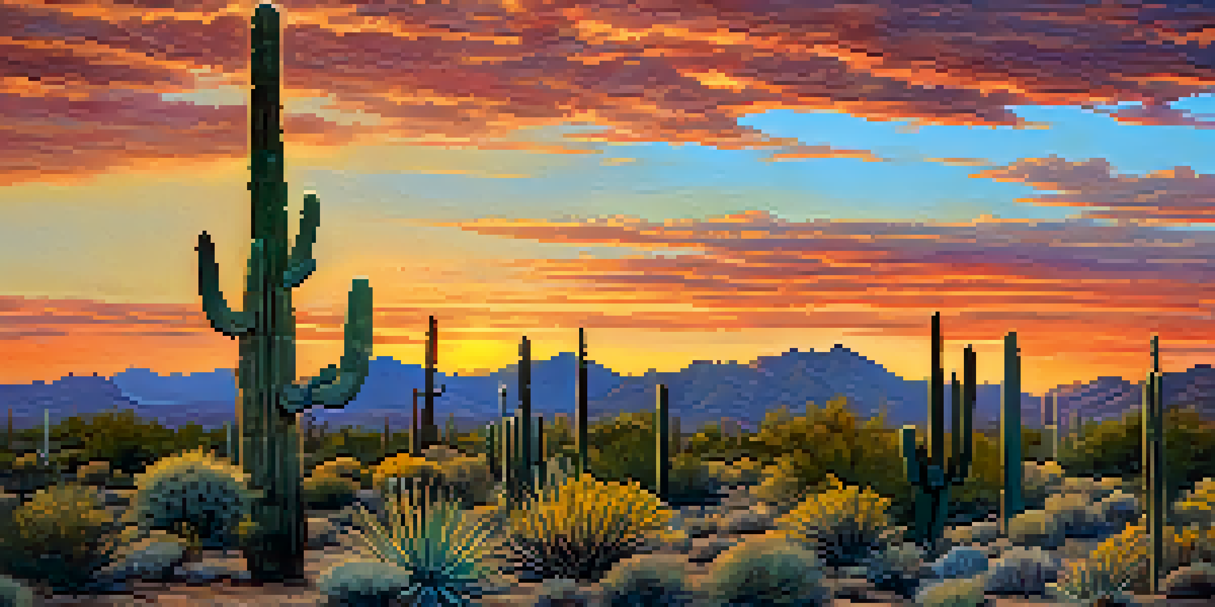 A tall saguaro cactus in the desert with a colorful sunset in the background, showcasing the beauty of Tucson's landscape.