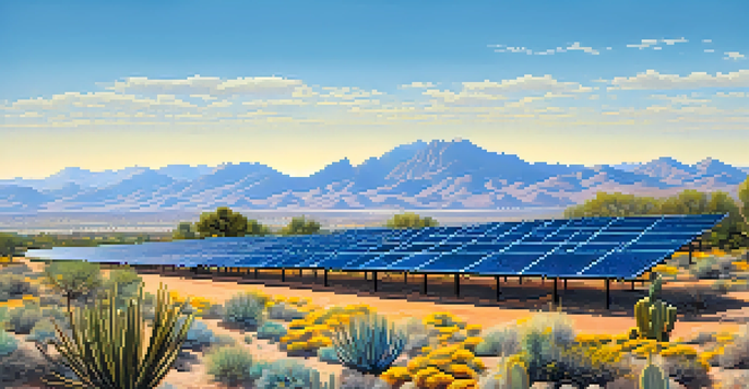 A sunny Tucson landscape with solar panels, desert plants, and mountains in the background.