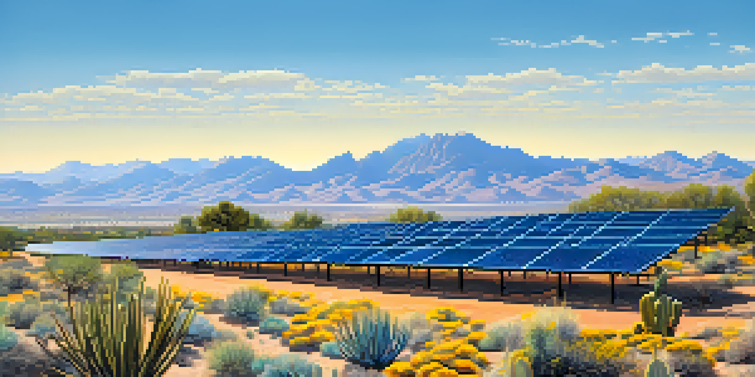 A sunny Tucson landscape with solar panels, desert plants, and mountains in the background.
