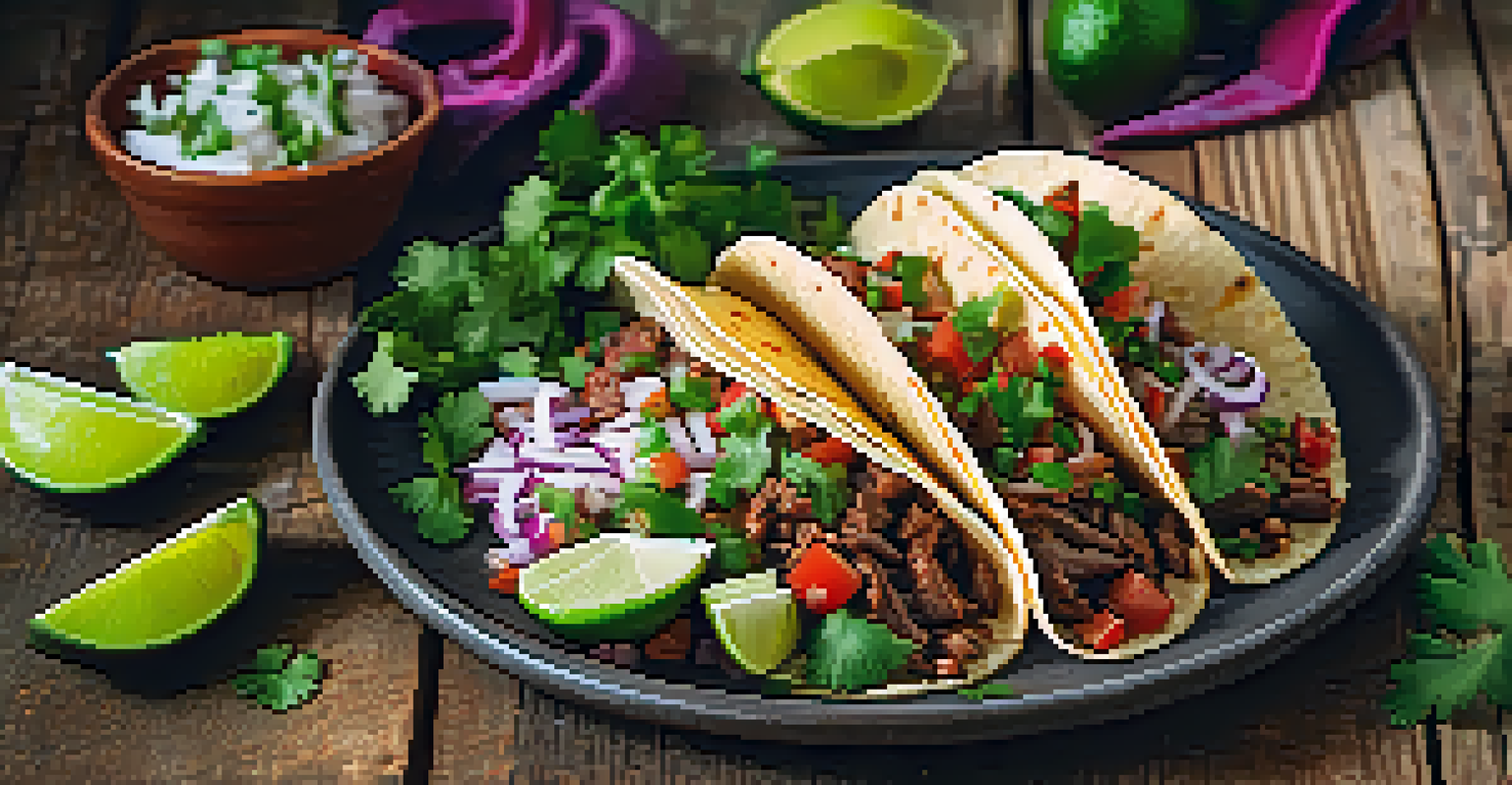 A plate of carne asada tacos with cilantro and onions, served with salsa and lime, on a rustic table with fresh ingredients around.