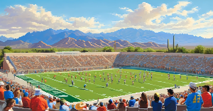 A youth football game in Tucson with players in colorful uniforms, cacti in the background, and spectators cheering.