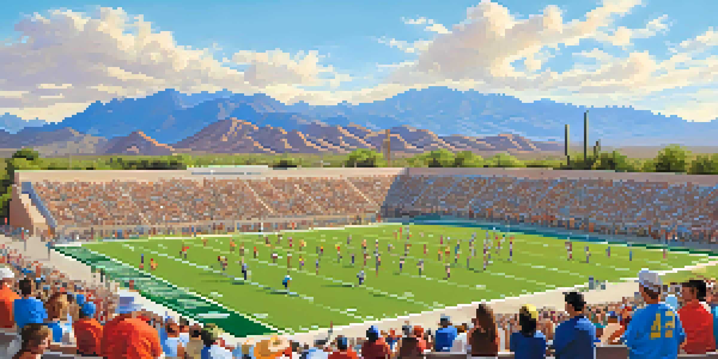 A youth football game in Tucson with players in colorful uniforms, cacti in the background, and spectators cheering.