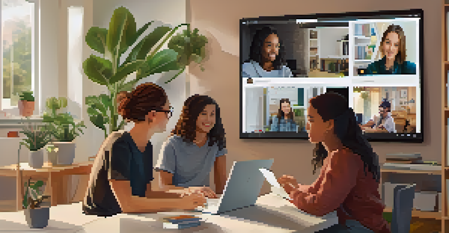 A split-screen image of students engaging in an online study group from their homes, with laptops and cozy home environments.