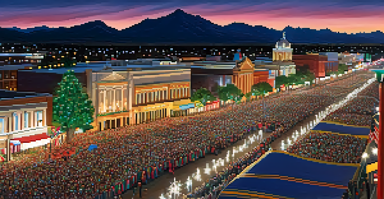 An overhead view of a festive parade packed with illuminated floats and excited crowds along the route.