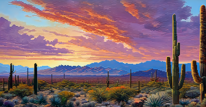 A scenic sunset view of Saguaro National Park with tall saguaro cacti and a colorful sky.