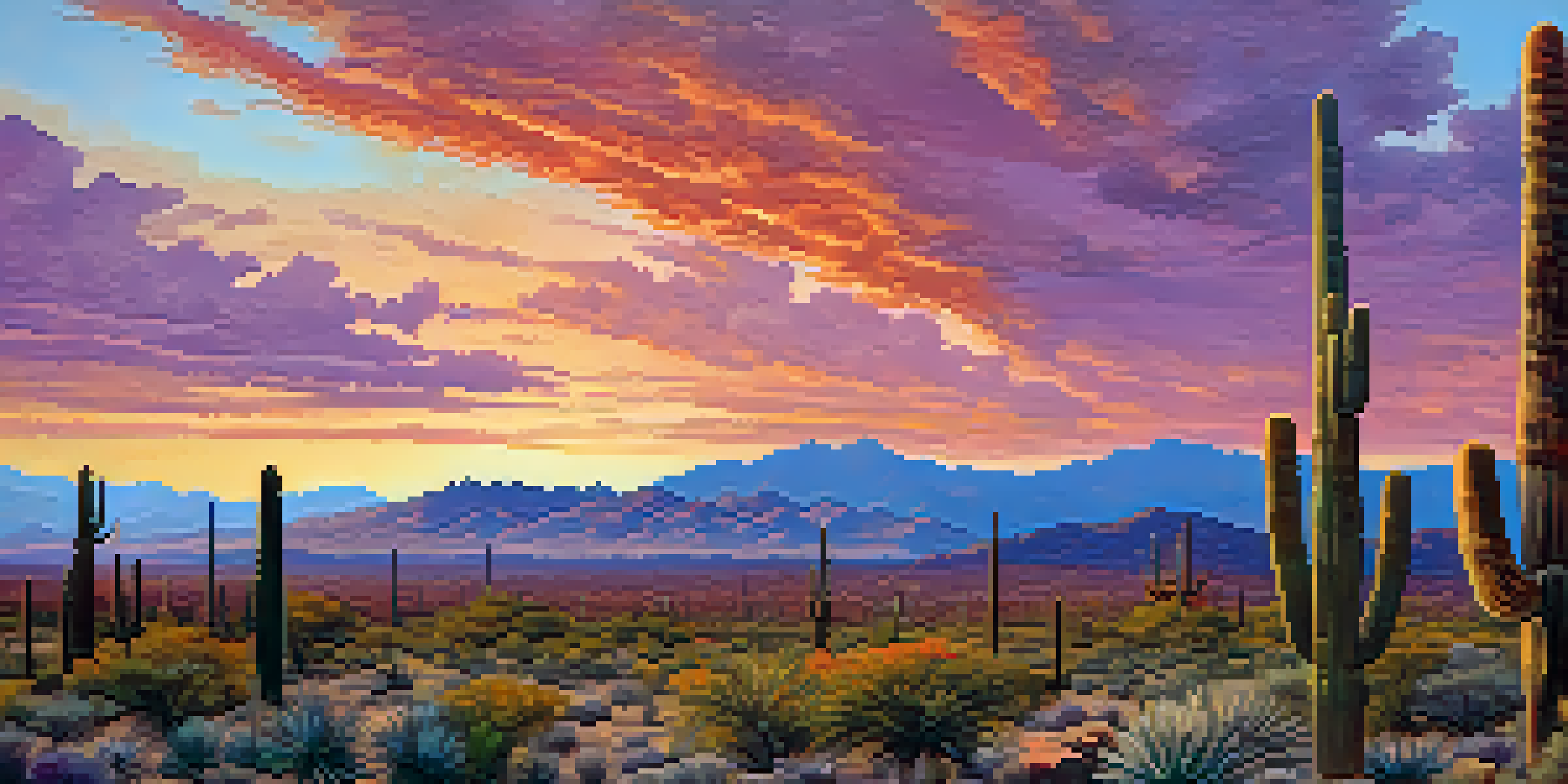 A scenic sunset view of Saguaro National Park with tall saguaro cacti and a colorful sky.