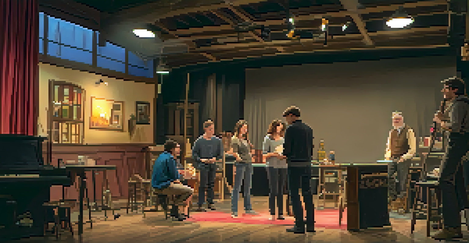 Aspiring actors in a workshop practicing their lines with a director in a cozy community theater filled with props and warm lighting.