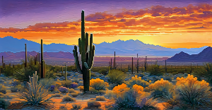 A panoramic view of Saguaro National Park at sunset with silhouetted cacti and a colorful sky.