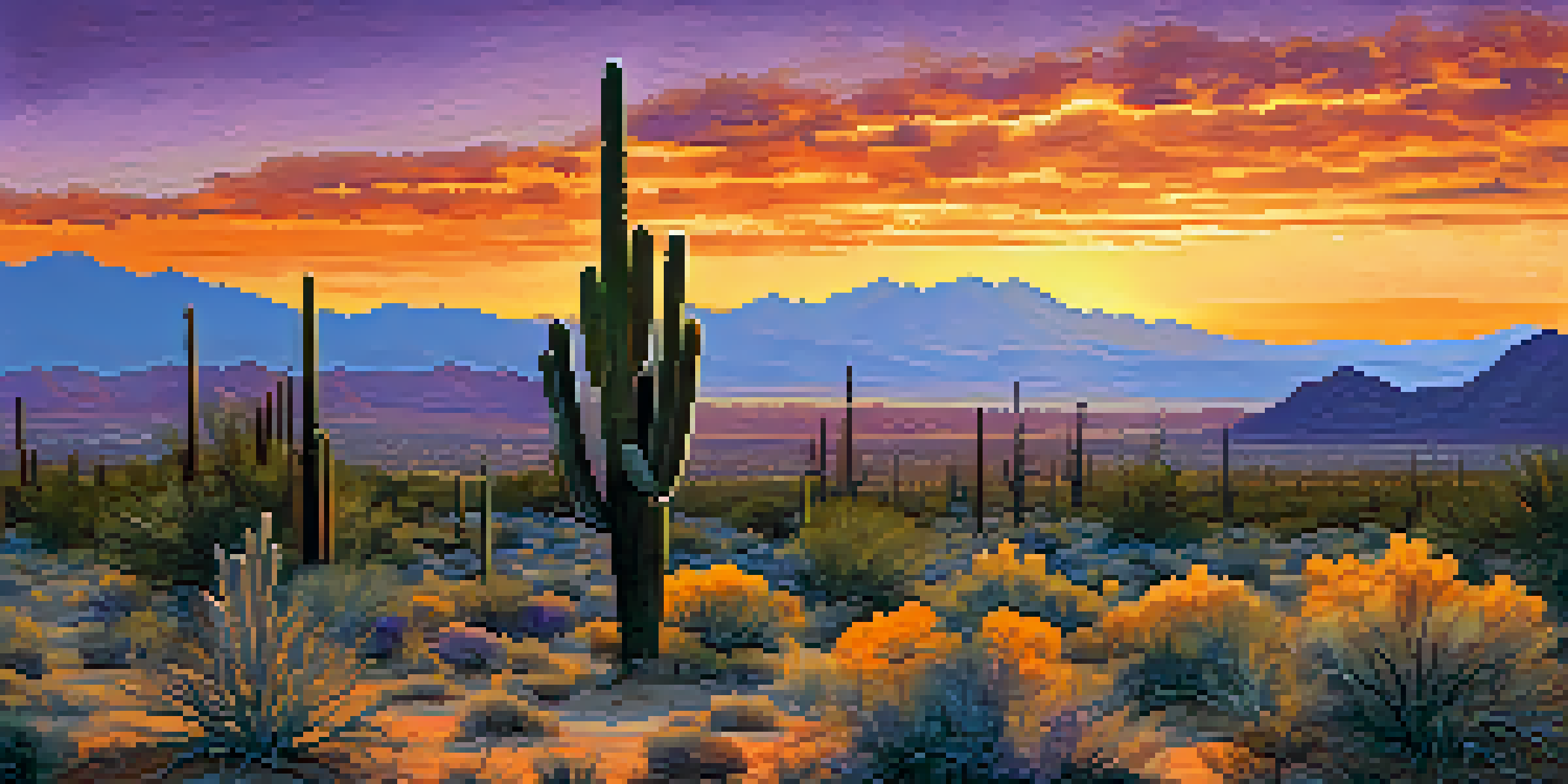 A panoramic view of Saguaro National Park at sunset with silhouetted cacti and a colorful sky.