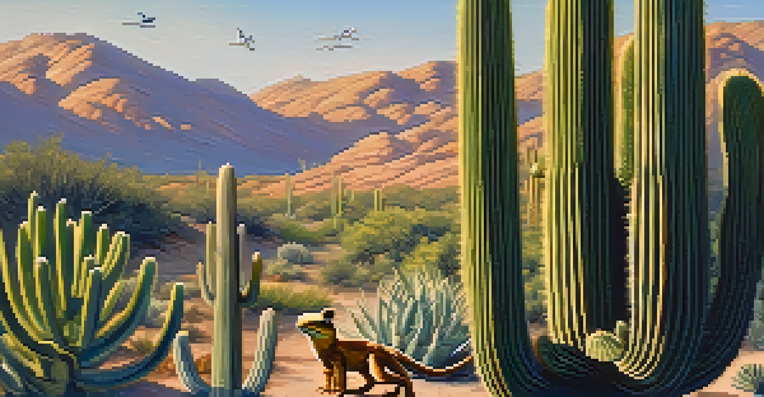 A composition featuring a lizard and a bird among the spines of a saguaro cactus in bright daylight.