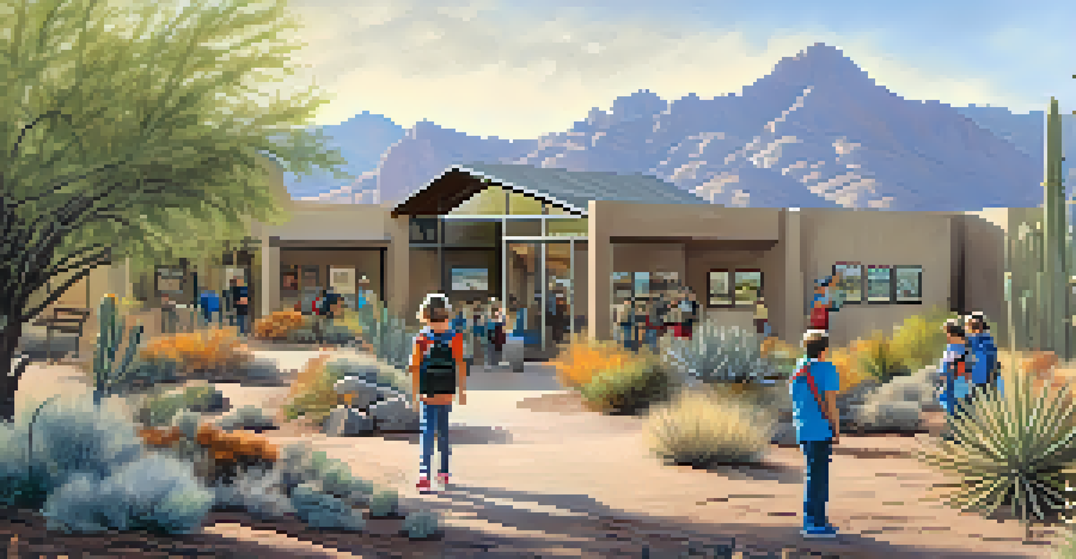 Visitors learning about the Sonoran Desert's wildlife at the Arizona-Sonora Desert Museum, surrounded by native plants and interactive displays.