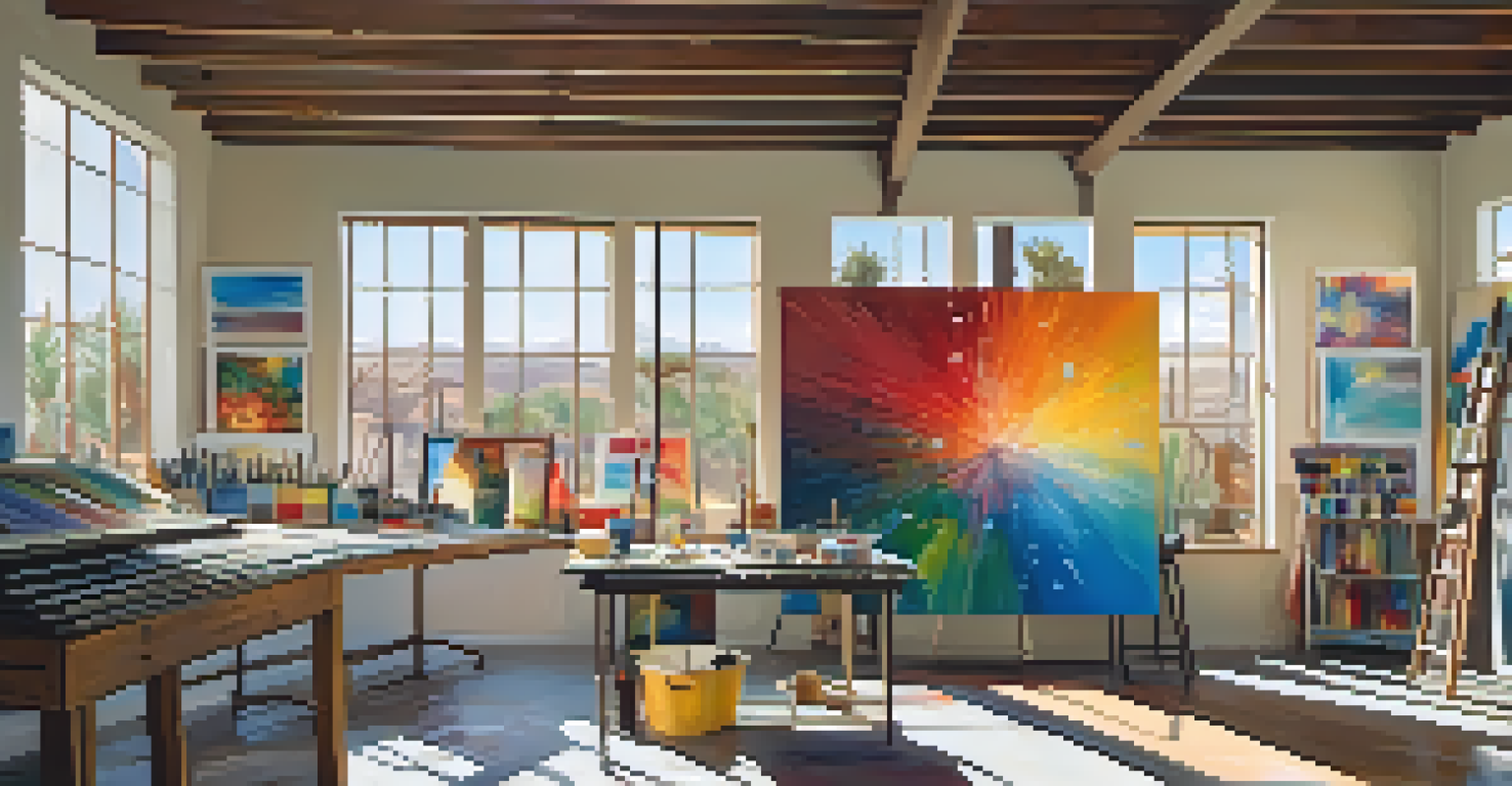 An artist's studio with vibrant paintings inspired by Tucson's history and natural light coming through windows.