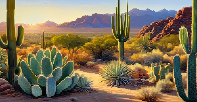 An outdoor scene at the Arizona-Sonora Desert Museum with diverse cacti and wildlife, illuminated by a warm sunset.