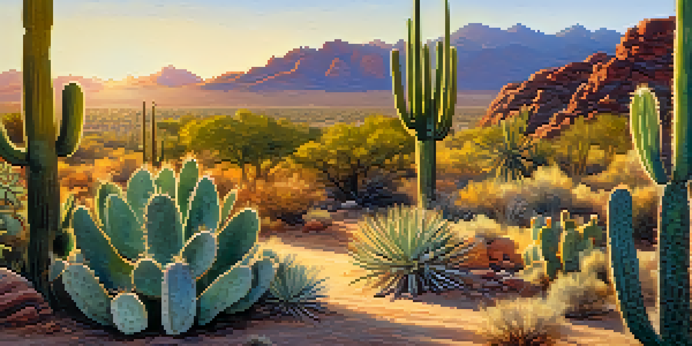 An outdoor scene at the Arizona-Sonora Desert Museum with diverse cacti and wildlife, illuminated by a warm sunset.