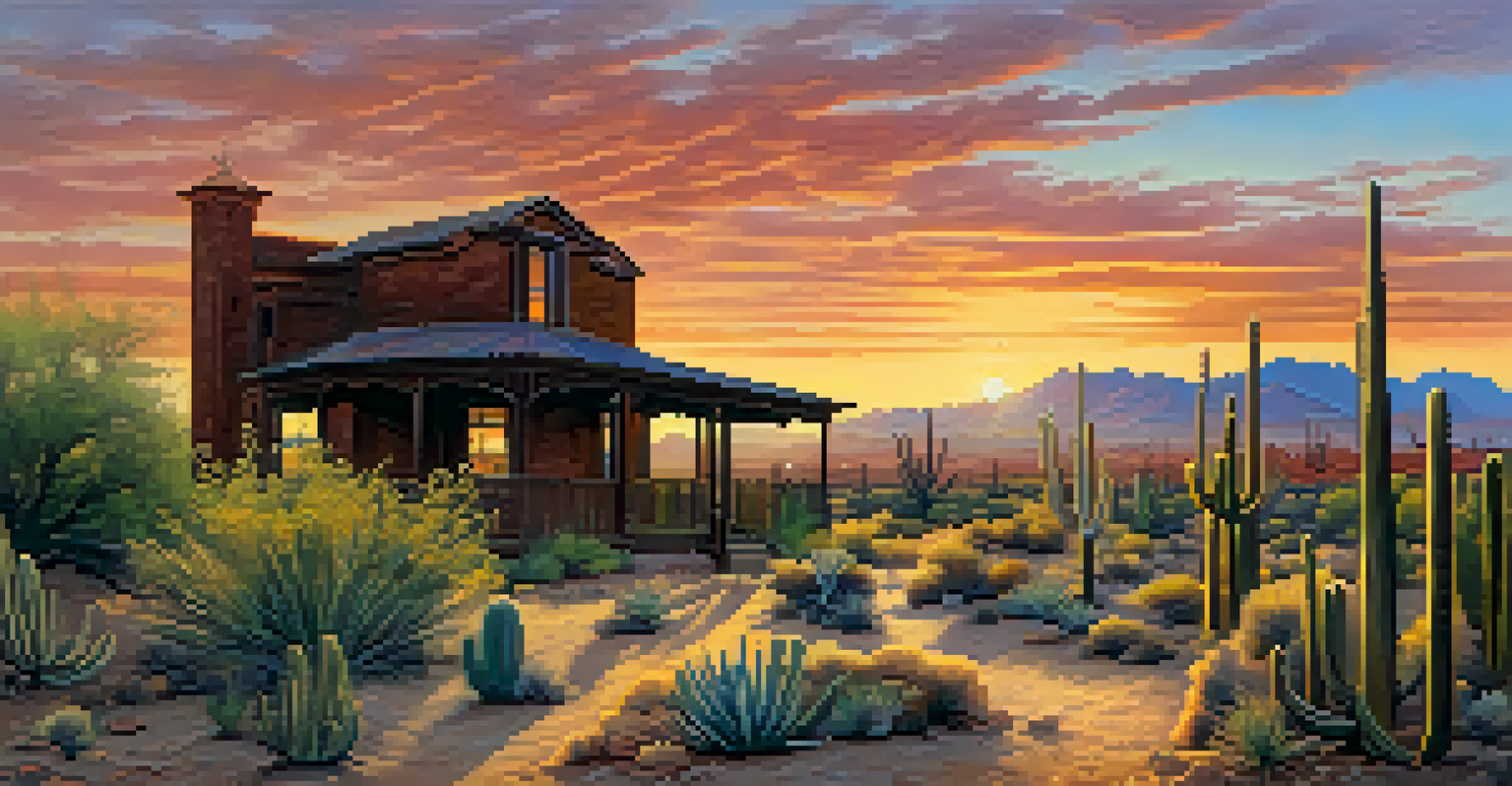A panoramic sunset view of a ghost town in Tucson, showcasing old West architecture silhouetted against a colorful sky with desert vegetation in the foreground.