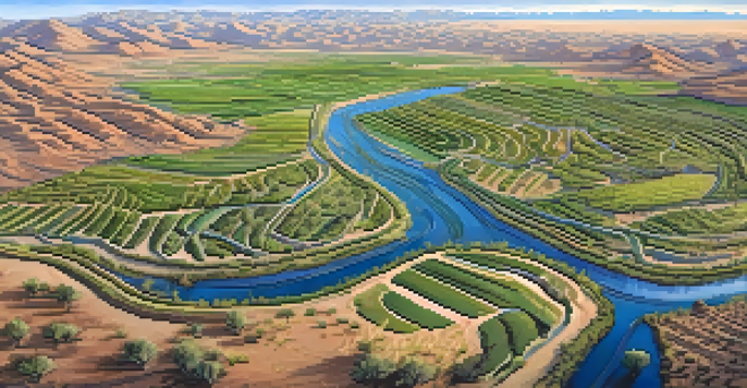 Aerial view of Tucson desert with ancient irrigation canals and flourishing crops under a golden sunlight.
