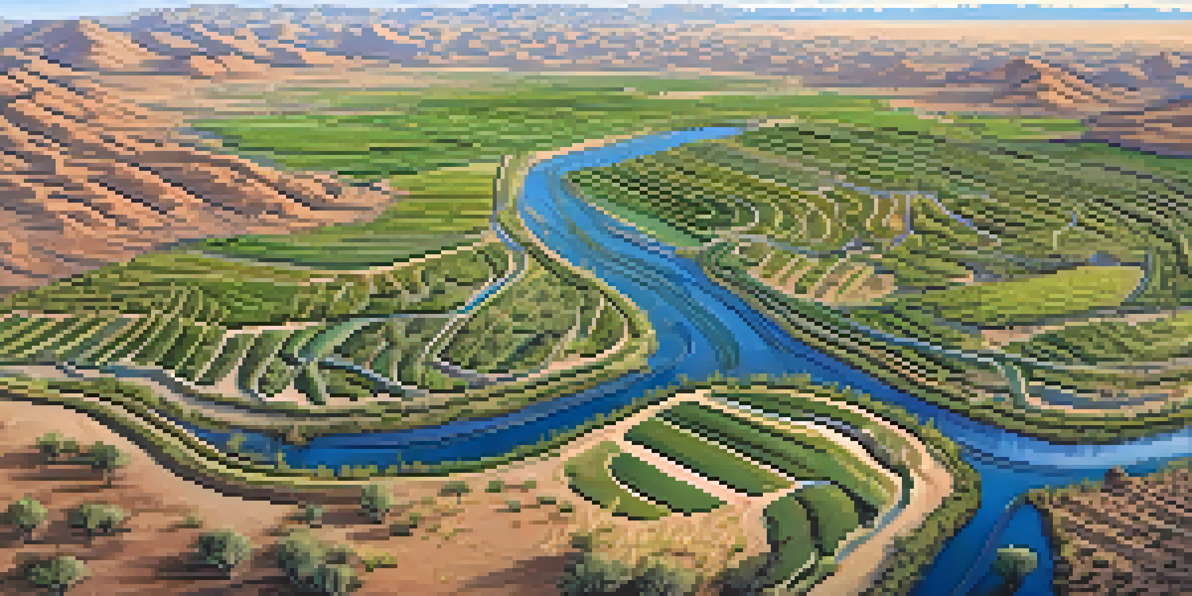 Aerial view of Tucson desert with ancient irrigation canals and flourishing crops under a golden sunlight.