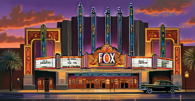 A view of the Fox Theatre with its Art Deco architecture and illuminated marquee against a twilight sky.