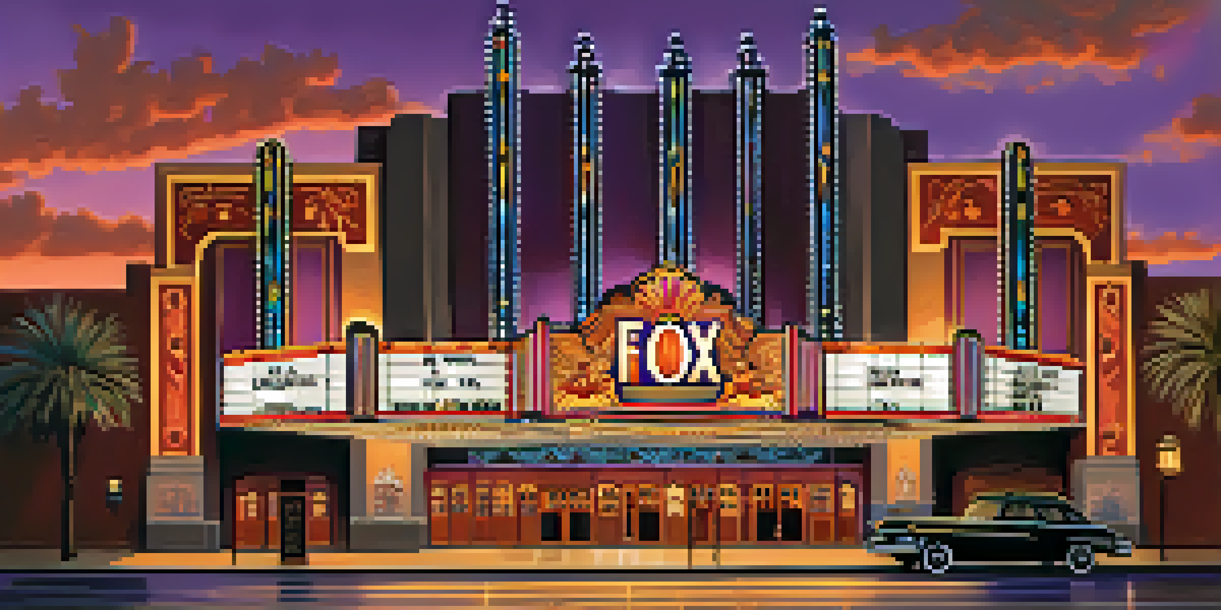 A view of the Fox Theatre with its Art Deco architecture and illuminated marquee against a twilight sky.