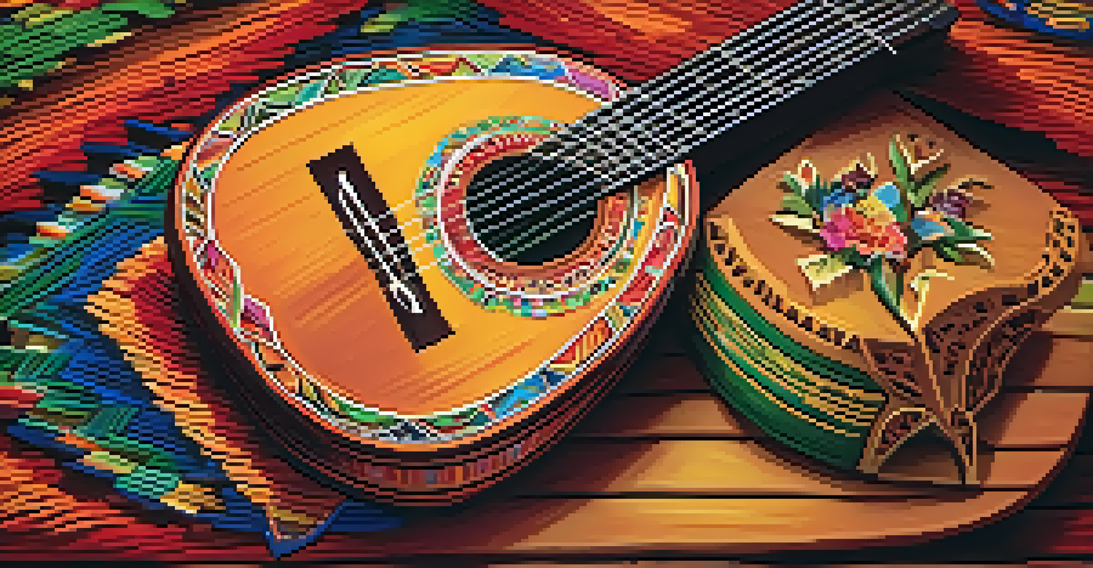 A close-up of a jarana and requinto guitar with detailed woodwork on a wooden table, surrounded by colorful decorations.
