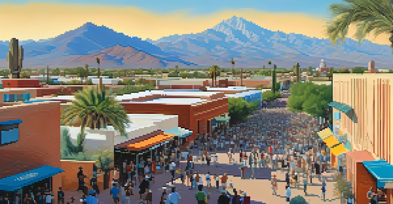 A modern-day view of Tucson with a cultural festival and historic sites against a mountain backdrop.