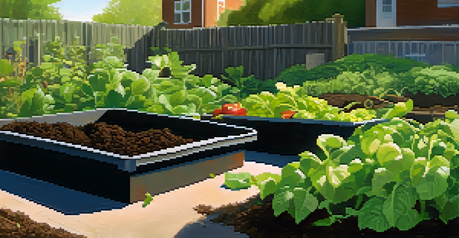 A close-up view of a composting area in a community garden with rich soil and kitchen scraps.