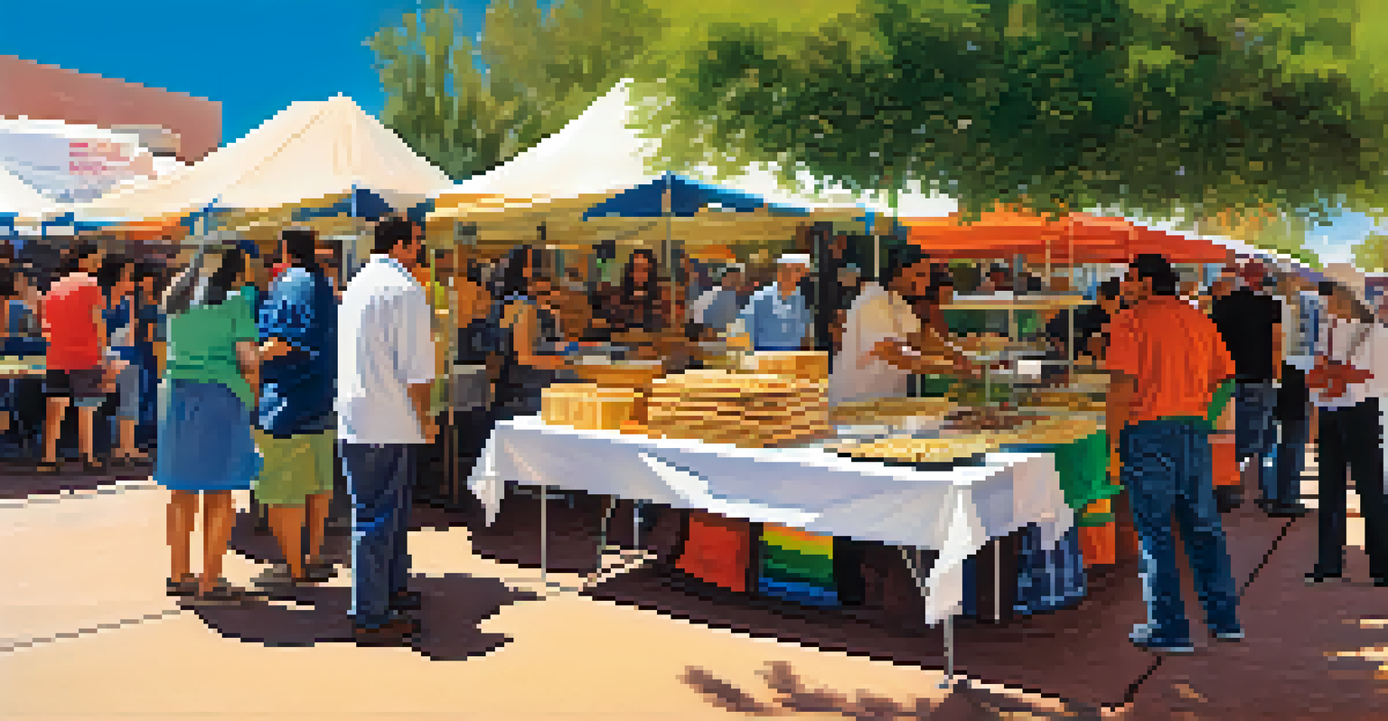 A colorful food booth at a festival showcasing diverse dishes, with chefs interacting with visitors and festive decorations around.