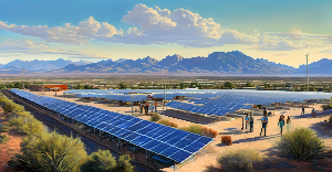 A wide view of Tucson featuring a solar farm, mountains, and a diverse group of people in a community workshop.
