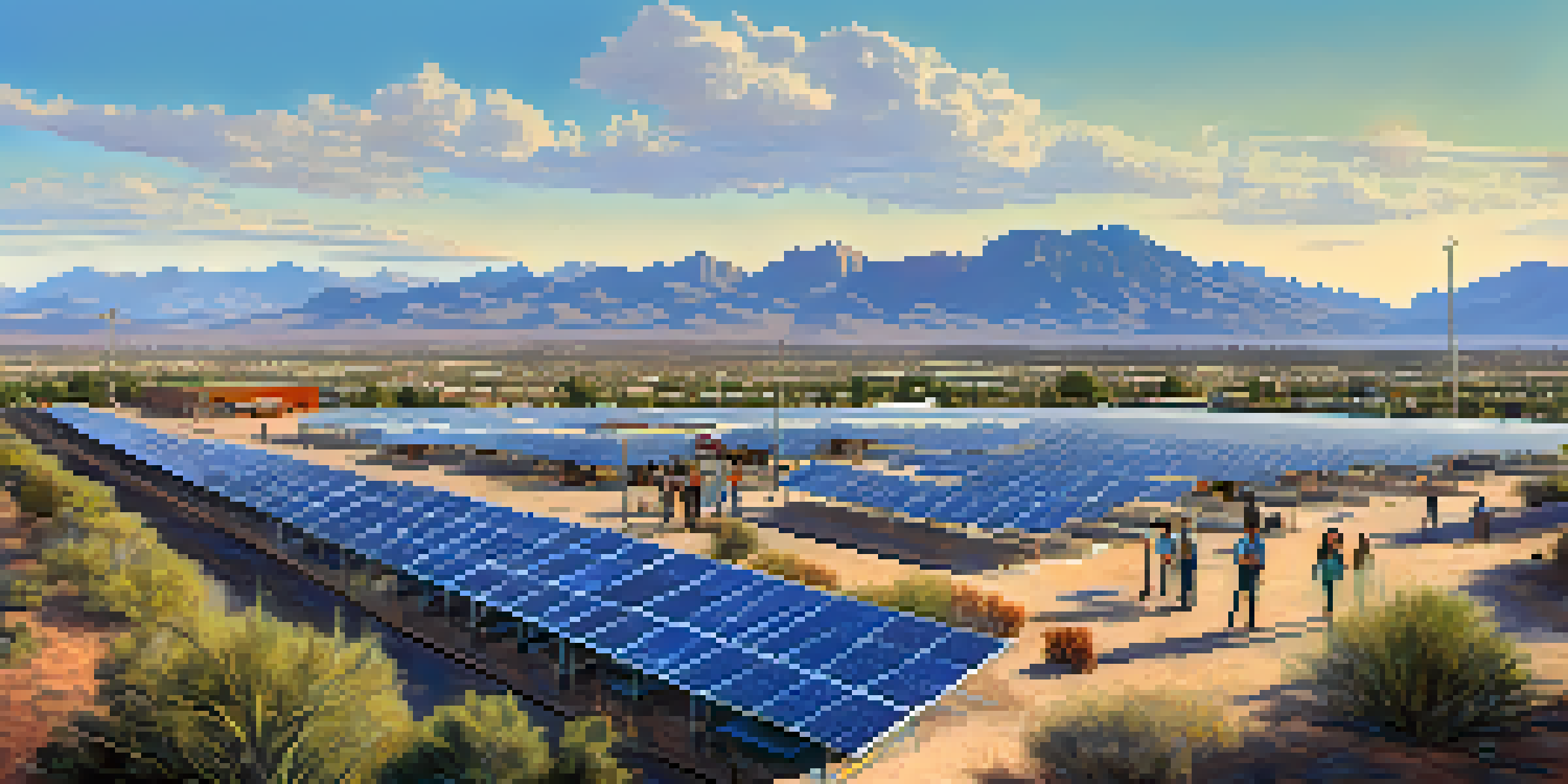 A wide view of Tucson featuring a solar farm, mountains, and a diverse group of people in a community workshop.